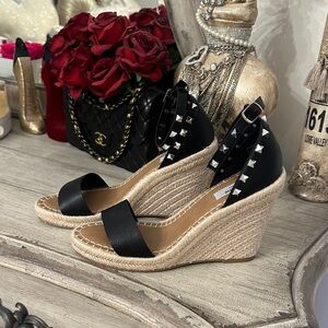 STEVEN Black Studded Espadrille Wedge Sandals - Women